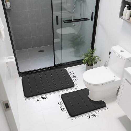 Yimobra Memory Foam Bathroom Mat Set, 31.5 x 20 & 24 x 20 in, Black