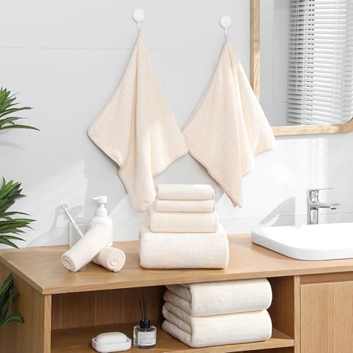 Ycosy 18 Piece Bath Towels Set,100% Microfiber Family Bathroom Towel with Hanging Loops-6 Bath Towels,6 Hand Towels,6 Washcloths,Quick Dry Highly Absorbent Shower Towel for Bathroom,Hotel,Spa-Beige