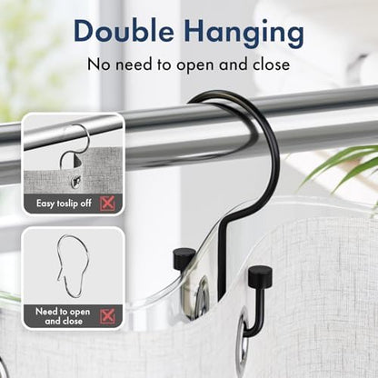 Bathway Shower Curtain Hooks Matte Black Shower Curtain Rings, 12 Pcs Double Hook Shower Curtain Hooks Rings Shower Curtain Hangers Rust Proof, Metal Shower Hooks for Bathroom Shower Curtain Rod