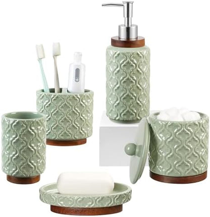 RQYIXI Ceramic Bathroom Accessories Set,Sage Green,5 Piece,Embossed Design
