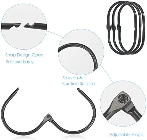 Goowin Shower Curtain Rings, Metal Black Shower Curtain Hooks, Oval Snap Shower Rings for Curtain, Shower Curtain Rings Rust Proof, Glide Smoothly Shower Hooks for Shower Curtain Rod (Black)