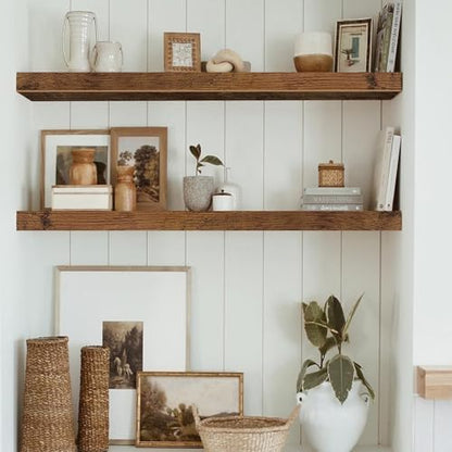 QEEIG Floating Shelves for Wall 31.5" Long - Wall Mounted Shelf Bathroom Kitchen Living Room Bedroom Farmhouse Home Decor Display Bookshelf Large 31.5 x 9.3 inch Set of 2, Rustic Brown (008-80BN)