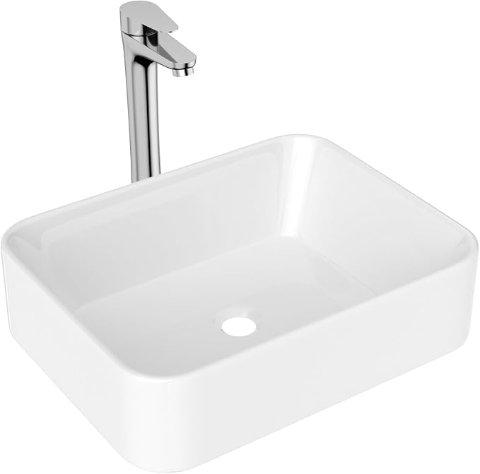 Lordear Bathroom Sink With Faucet Combo 19"x15" Rectangle Vessel Sink With Chrome Faucet Modern Above White Porcelain Ceramic Vessel Vanity Sink Art Basin& Chrome Single Lever Faucet