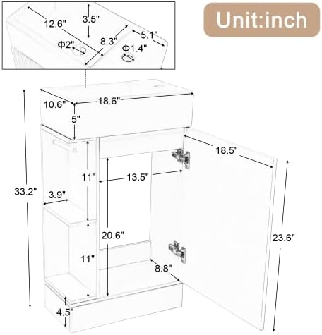 Merax Bathroom Vanity with Sink 18.6 Inch, Cabinet with Storage Shelf & Toilet Paper Holder, Left or Right Available,
