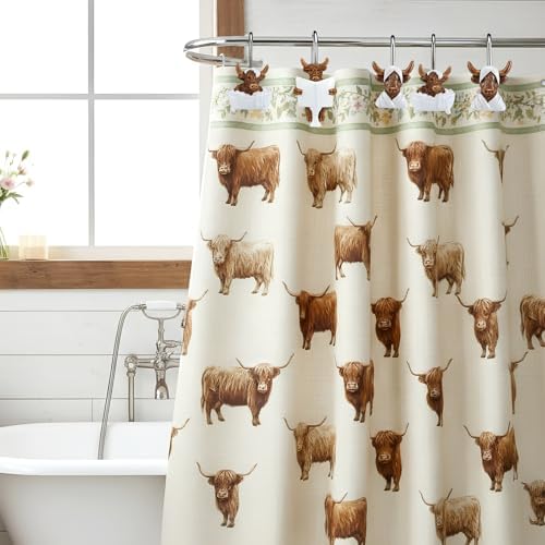 Roowest 12 Pcs Highland Cow Shower Curtain Hooks, Stainless Steel Farmhouse