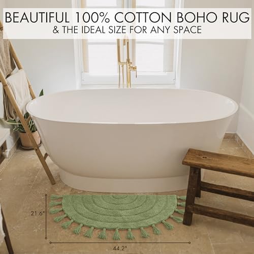 Beautiful Boho Rug with Tassels - Soft Half Circle Cotton Bathroom Mat