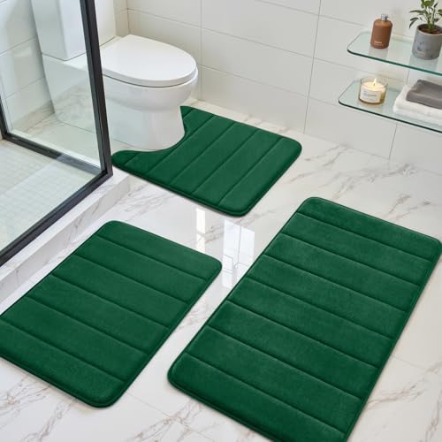 BYSURE Dark Green Memory Foam Bathroom Rug Set 3 Piece