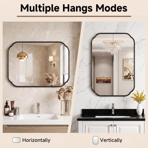 24"x18" Black Scalloped Mirror for Bathroom, Rust-Proof Metal Frame