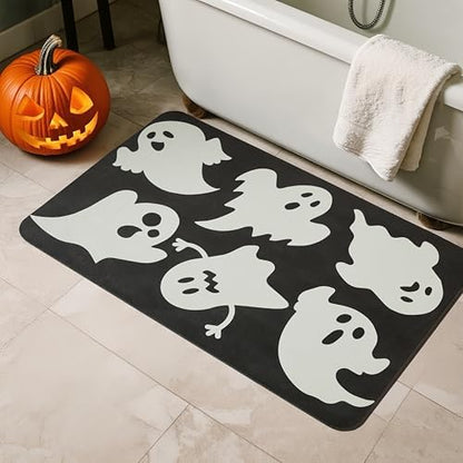 TYUU Thin Halloween Bath Mat, Non-Slip Washable, 17x30 Black Ghosts