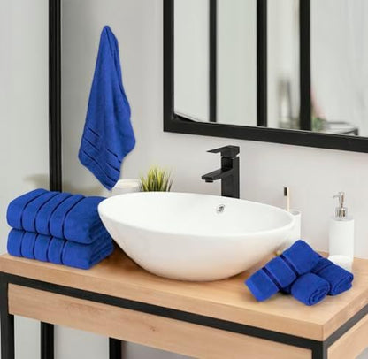 Luxury Towels for Bathroom Set of 8-2 Bath Towels 2 Hand Towels 4 Washcloths - 600 GSM 100% Cotton Ring Spun Viscose Border Towels Set - Royal Blue