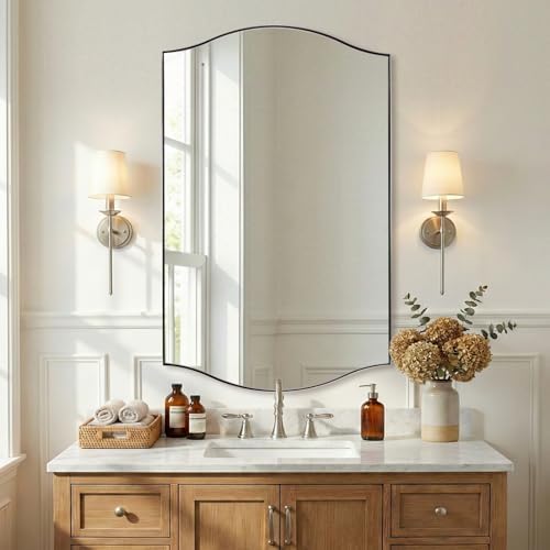 ANDY STAR 30"x48" Scalloped Mirror，Polished Chrome Rectangle Bathroom Mirror with Curved Edge Stainless Steel Metal Frame, Large Wall-Mounted Mirror for Bathroom, Entryway (Horizontal/Vertical)