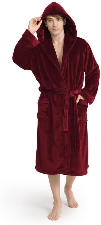 Yurhap Luxury Mens Robe with Hood, Ultra Cozy Fleece Bathrobe for Men, Plush Hooded Robe with Belt & 2 Pockets