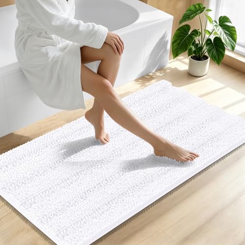 Smiry Thick Chenille Bathroom Runner Rugs 59x20, Absorbent Bath Mat, White