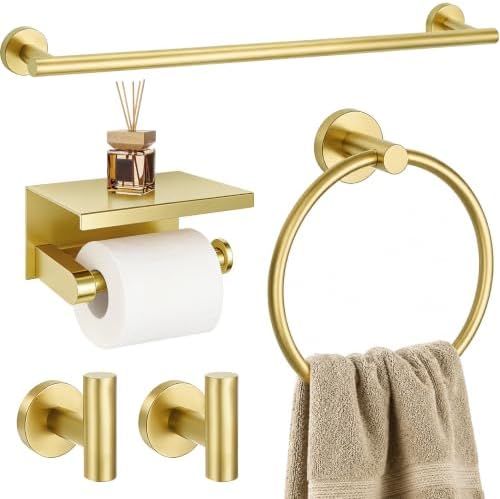 5 Pieces Bathroom Hardware Accessories Set Brushed Gold, 24Inch Bathroom Towel Rack Set SUS304 Stainless Steel, Round Toilet Paper Holder with Shelf Heavy Duty, Wall Mounted