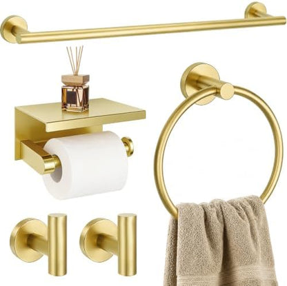 5 Pieces Bathroom Hardware Accessories Set Brushed Gold, 24Inch Bathroom Towel Rack Set SUS304 Stainless Steel, Round Toilet Paper Holder with Shelf Heavy Duty, Wall Mounted