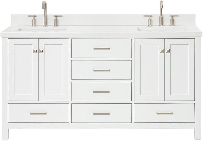 ARIEL Cambridge 66-inch Bathroom Vanity with Sink,Solid Wood, 1.5-inch Pure White Quartz Countertop & Backsplash, Double Rectangular Porcelain Sink, 4 Soft Closing Doors, 6 Dovetail Drawers, White