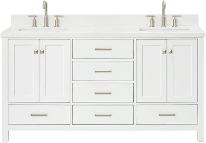 ARIEL Cambridge 66-inch Bathroom Vanity with Sink,Solid Wood, 1.5-inch Pure White Quartz Countertop & Backsplash, Double Rectangular Porcelain Sink, 4 Soft Closing Doors, 6 Dovetail Drawers, White