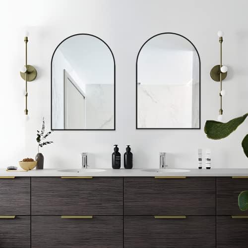 Wall Mounted Mirror, Arched Wall Mirror for Bathroom, 24"x36" Arch Bathroom Mirror with Metal Frame, Black Vanity Mirror Decor for Mantle, Bedroom, Entryway, Living Room