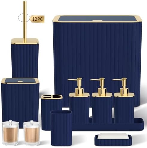 Bathroom Accessory Set - Bathroom Set, 12PC Bathroom Accessories Set, Navy Blue Bathroom Accessories Set, Mini Trash Can, Toilet Brush, Trash Can & Soap Dispenser