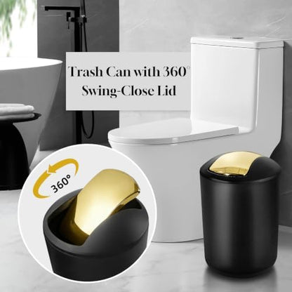 Bathroom Set, 10Pcs Bathroom Shower Curtain Sets with Hooks, Bathroom Accessories Set with Trash Can, Bathroom Accessories Sets Complete with Shower Curtain Set, Black Bathroom Accessory Set