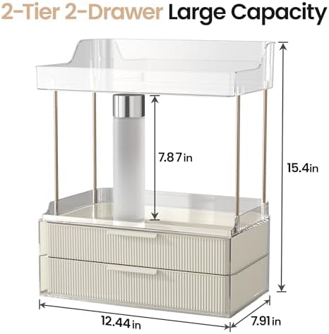 Delamu 4-Tier Makeup Organizer, Bathroom Counter, 2 Drawers,Cream White