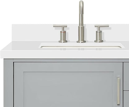 ARIEL Bayhill 72-inch Bathroom Vanity with Sink,Solid Wood, 1.5-inch Pure White Quartz Countertop & Backsplash, Double Rectangular Porcelain Sink, 2 Soft Closing Doors, 3 Dovetail Drawers, Grey