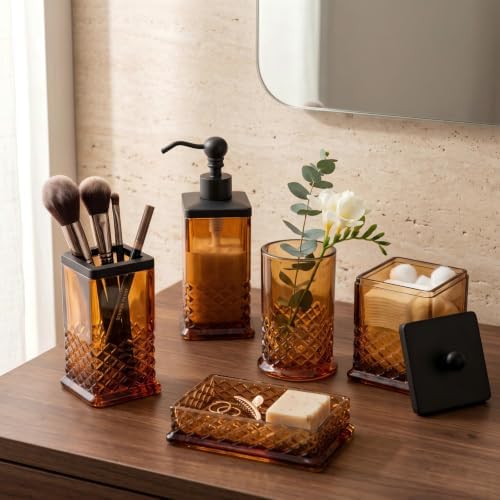 JKE Heavy Glass 5Pcs Amber Bathroom Set Accessories Vintage