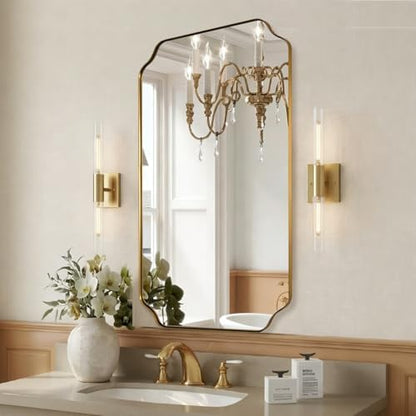 MIRRORART Brushed Gold Mirror 24x40'', Oblong Brass Scalloped Mirrors for Bathroom, Rounded Notched Corner Rectangle Mirror in 1’’ Stainless Steel Metal Frame Hang Vertical/Horizontal for Home Remodel