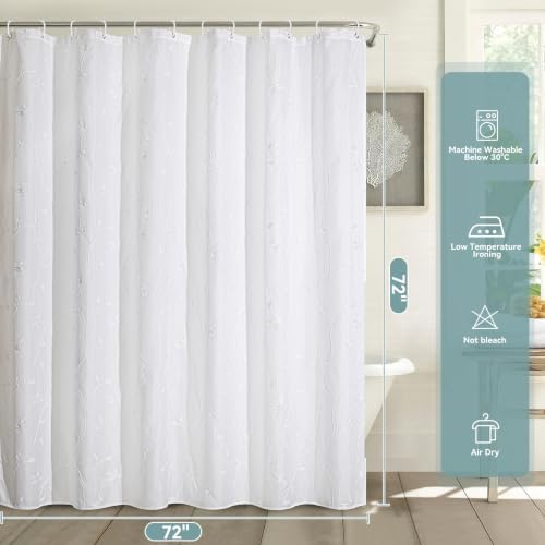 Embroidered Leaf Farmhouse Shower Curtain,Faux Linen,72Wx72L,White