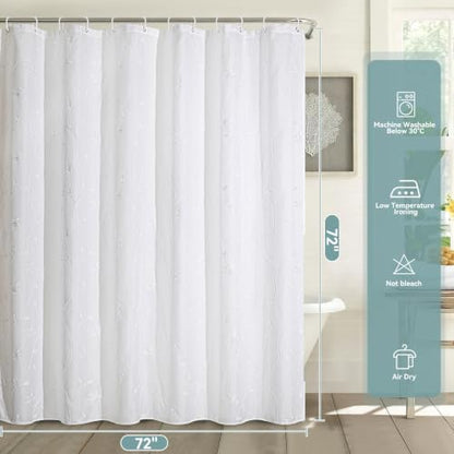 Embroidered Leaf Farmhouse Shower Curtain,Faux Linen,72Wx72L,White