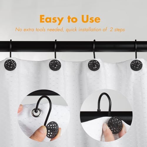 Pearlbee Matte Black Shower Curtain Hooks Rings, 12PCS, Heavy Duty Design