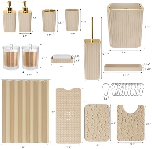 XLHOMO 26PC Bathroom Accessories Set - Gorgeous Beige Bathroom Set, Bathroom Accessory Set, Shower Curtain Set with Bathtub Mats for Shower Tub, Trash Can & Soap Dispenser