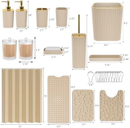 XLHOMO 26PC Bathroom Accessories Set - Gorgeous Beige Bathroom Set, Bathroom Accessory Set, Shower Curtain Set with Bathtub Mats for Shower Tub, Trash Can & Soap Dispenser