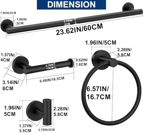 5 Pieces Bathroom Hardware Accessories Set Matte Black, 24Inch Round Towel Racks Set for Bathroom, SUS304 Stainless Steel Towel Bar Set, Toilet Paper Holder Wall Mounted