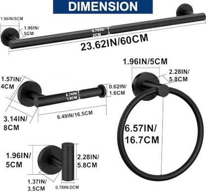 5 Pieces Bathroom Hardware Accessories Set Matte Black, 24Inch Round Towel Racks Set for Bathroom, SUS304 Stainless Steel Towel Bar Set, Toilet Paper Holder Wall Mounted