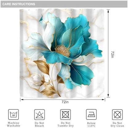 Teal Gold Marble Floral Turquoise Abstract Art Bathroom Shower Curtain Set