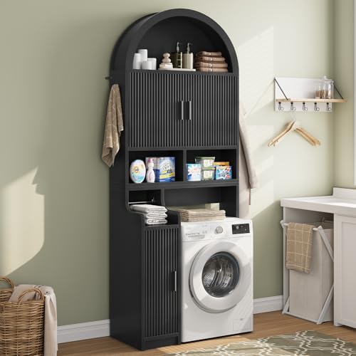 Itaar Arched Over The Toilet Storage Cabinet, 78.7" H Fluted Bathroom Organizer with Reversible Side Cabinet, Adjustable Shelves, Anti-Tipping, Hooks & Paper Holder for Bathroom Laundry Room, Black