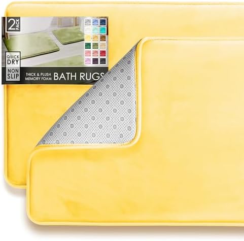 Clara Clark 2 Piece Bathroom Rugs Bath Mat Set, Velvet Memory Foam Bath Mats for Bathroom - Non-Slip, PVC Backing Bath Rugs, Washable - Dries Quickly, Yellow