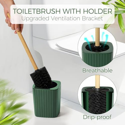 Bathroom Accessories Set - Unbreakable Green Bathroom Set, Trash Can, Toilet Brush with Holder, Soap Dispenser, Toothbrush and Toothpaste Holder, Tumbler Cup, Soap Dish, Qtip Holder, Bamboo Decor