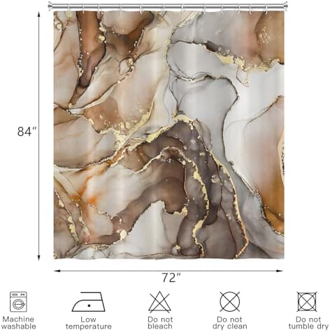 Brown Marble Shower Curtain, Modern Abstract Luxury Brown Gold Ink Texture Watercolor Art Bathroom Curtains Ombre Machine Washable Waterproof Fabric Bathtub Curtain Set with Hooks 72" Wx84 L