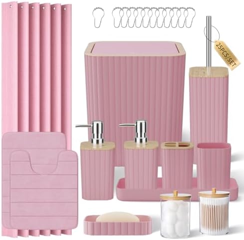 XLHOMO Bathroom Accessories Set - 25PC Pink Bathroom Set, Bathroom Set with Shower Curtain and Rugs, Pink Shower Curtain Set, Toilet Brush, Bathroom Trash Can