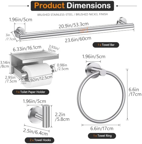 5 Pieces Bathroom Hardware Accessories Set Brushed Nickel, 24Inch Round Towel Racks Set for Bathroom, SUS304 Stainless Steel Towel Bar Set,Toilet Paper Holder with Shelf Wall Mounted
