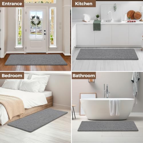 Bcoimo Bath Rug Mat,60x24 Chenille Non Slip Grey Long Bathroom Runner Rugs