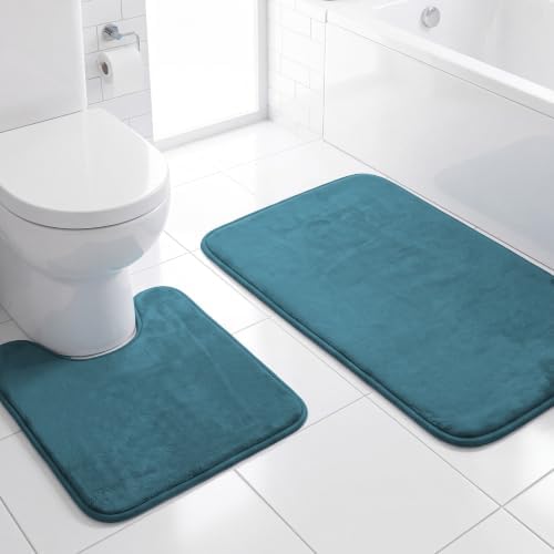 H.VERSAILTEX Bath Mat Memory Foam Bathroom Rug Flannel Velvety Luxury Extra Soft and Absorbent Non Slip Rugs for Bathroom/Bedroom (Curved Set 24"x 36" Plus 20"x 24" Dark Teal)