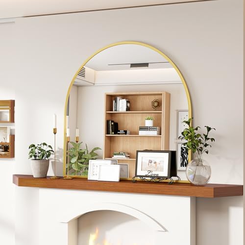 VooBang Arched Wall Mirror, 26 x 28 inch Arch Bathroom Mirror, Wall Mounted Vanity Mirror with Arch Metal Frame, Modern Bathroom Vanity Mirror for Bedroom, Living Room, Hanging or Leaning, Gold