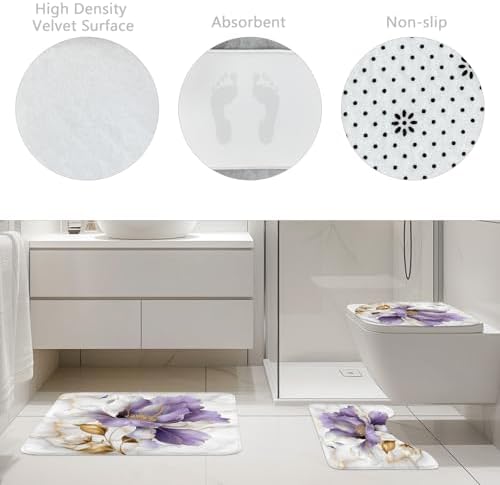 Purple Gold Marble Floral Modern 4Pcs Bathroom Shower Curtain Set with Rugs