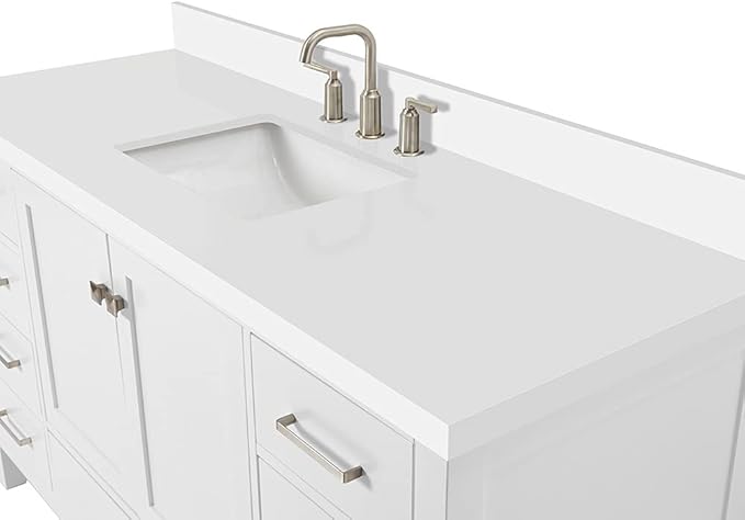 ARIEL Cambridge 60-inch Bathroom Vanity with Sink,Solid Wood, 1.5-inch Pure White Quartz Countertop & Backsplash, Single Rectangular Porcelain Sink, 2 Soft Closing Doors, 9 Dovetail Drawers, White