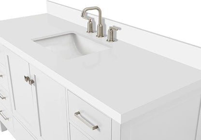 ARIEL Cambridge 60-inch Bathroom Vanity with Sink,Solid Wood, 1.5-inch Pure White Quartz Countertop & Backsplash, Single Rectangular Porcelain Sink, 2 Soft Closing Doors, 9 Dovetail Drawers, White