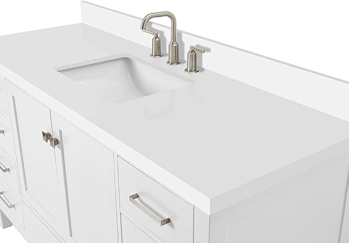 ARIEL Cambridge 60-inch Bathroom Vanity with Sink,Solid Wood, 1.5-inch Pure White Quartz Countertop & Backsplash, Single Rectangular Porcelain Sink, 2 Soft Closing Doors, 9 Dovetail Drawers, White