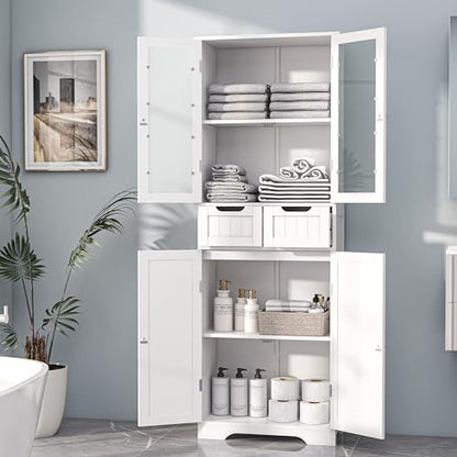 Betterhood 67" Tall Bathroom Storage Cabinet, Freestanding Bathroom Cabinet with Glass Doors and Shelves, Large Bathroom Cabinet with 2 Drawers for Living Room, Dining Room, Office, White